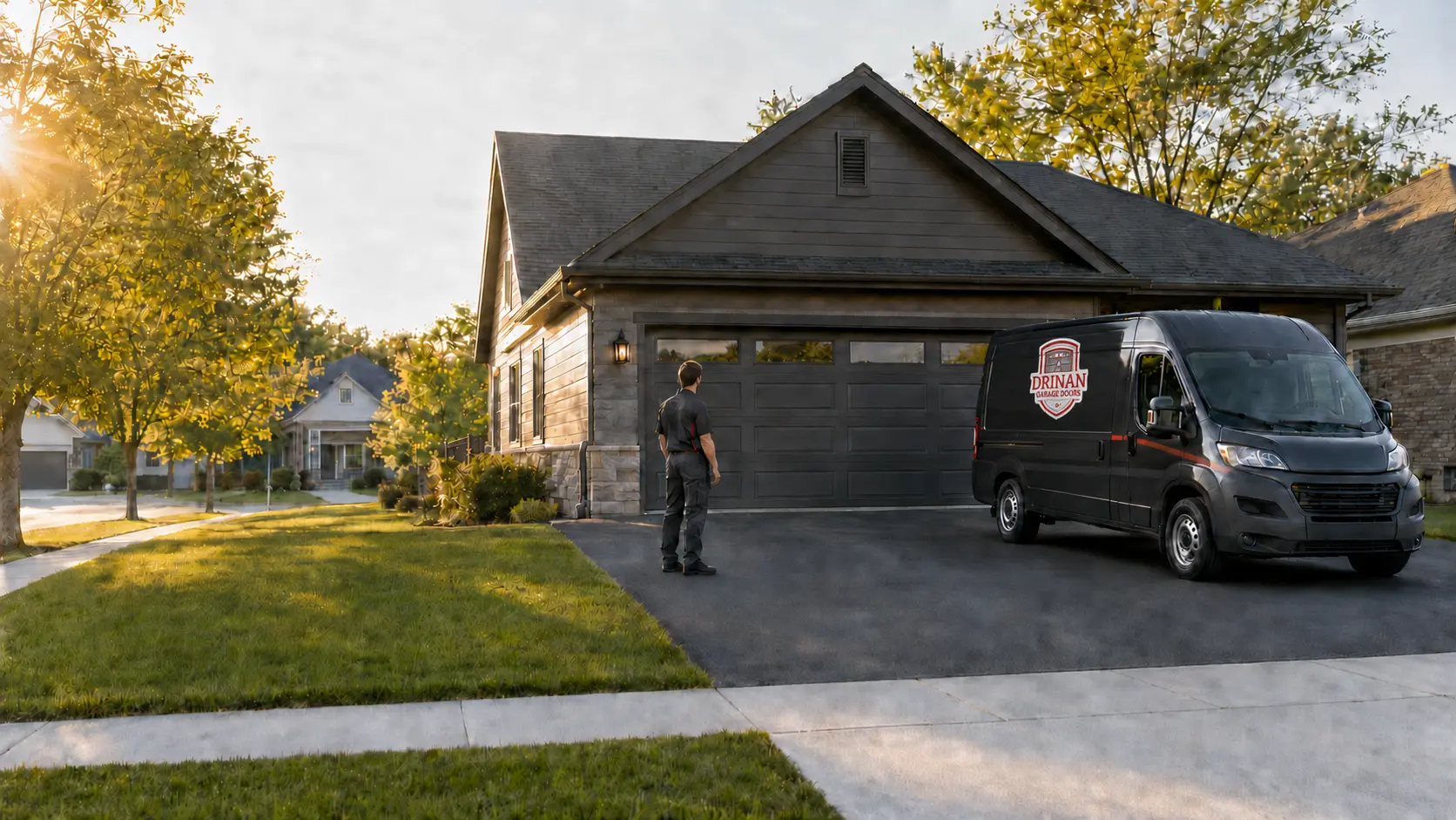 Garage door technician and branded Drinan service van positioned on the paved driveway of a Central Ohio home